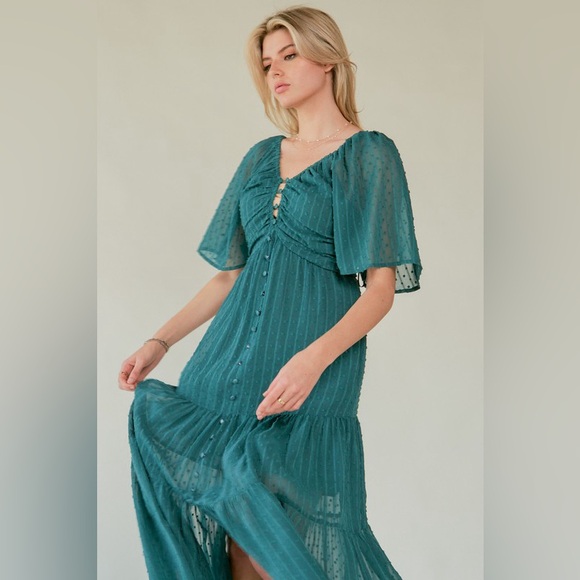 🟠 97B. Swiss Dot Ruched Bodice Open Back Tiered Midi Dress - Green - Picture 4 of 9